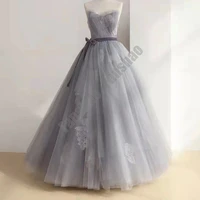 2022 simple gray evening dresses strapless sleeveless ball woman vestidos prom pleat appliques bow belt luxury robe de soiree