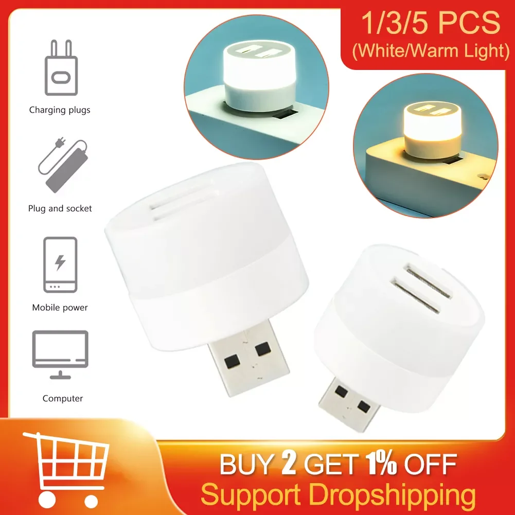 

USB LED Light 1-to-2 USB Splitter Eye Protection Reading Light 5V 1A Plug-and-Play Bedroom Outdoor Emergency Round Night Light