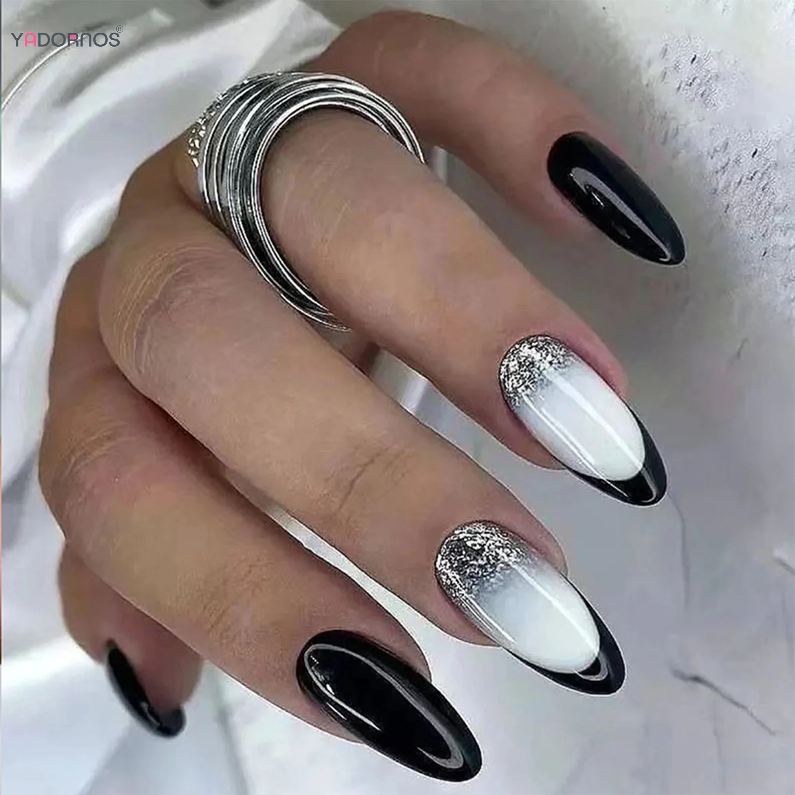 

24 шт. миндальные накладные ногти черные французские Типсы белые накладные ногти полное покрытие блестящие накладные ногти с желеобразным клеем для маникюра