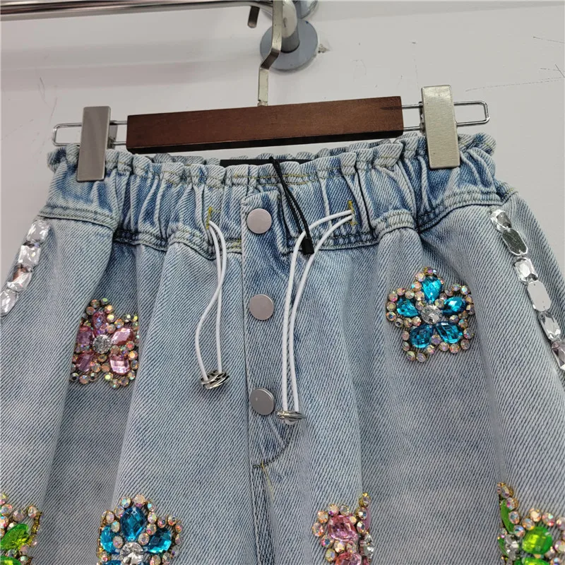 Summer New Heavy Handmade Flower Rhinestone-Embedded Elastic Short Pants High Waist Loose Slimming Denim Wide Leg Shorts