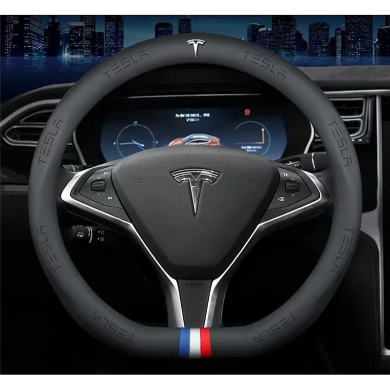 

Car PU leather steering wheel Cove For 37-38cm Tesla Model 3 Model S Model Y Model X Auto Logo Interior Decoration Accessories