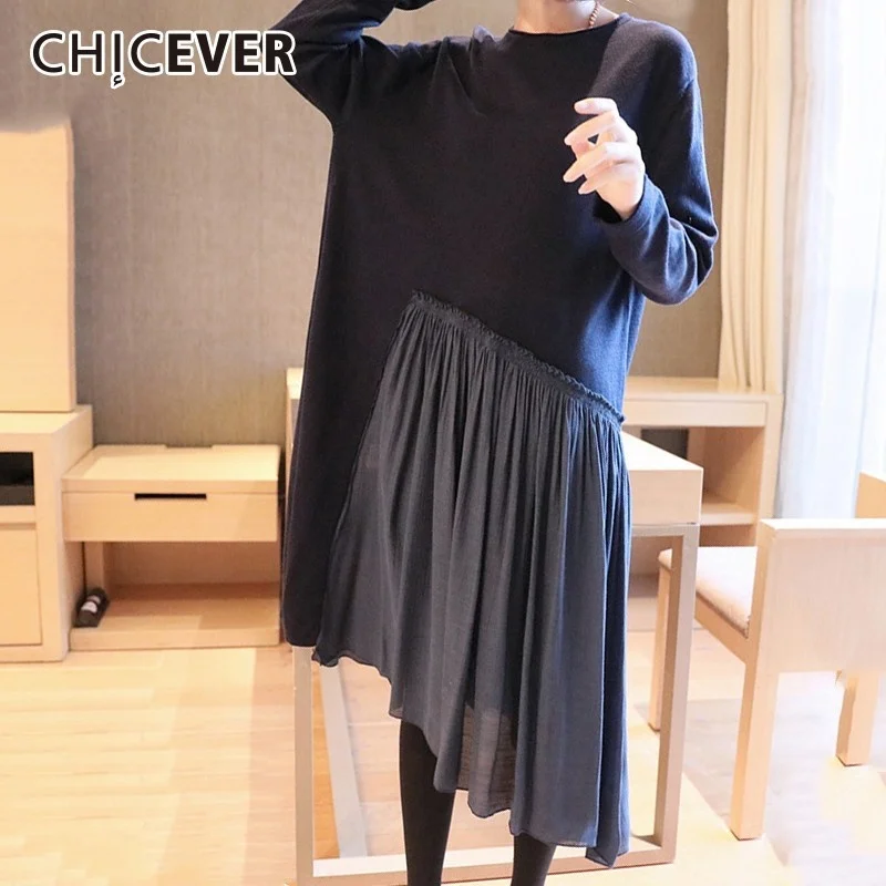 

CHICEVER Loose Patchwork Fold Pleated Dress For Women Round Neck Long Sleeve Ankle Length Dresses Female Spring Clothing Style