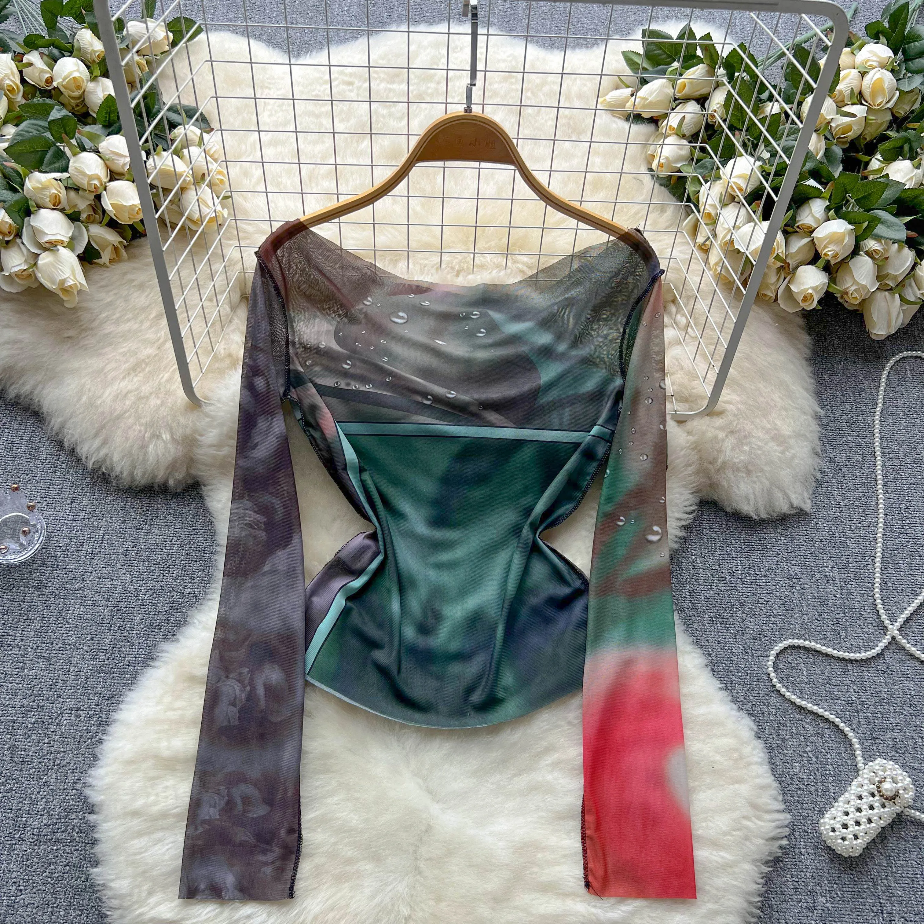 

Summer Tie Dyed Inner Long Sleeved T-shirt with Thin Mesh Slightly Transparent Loose Casual Top