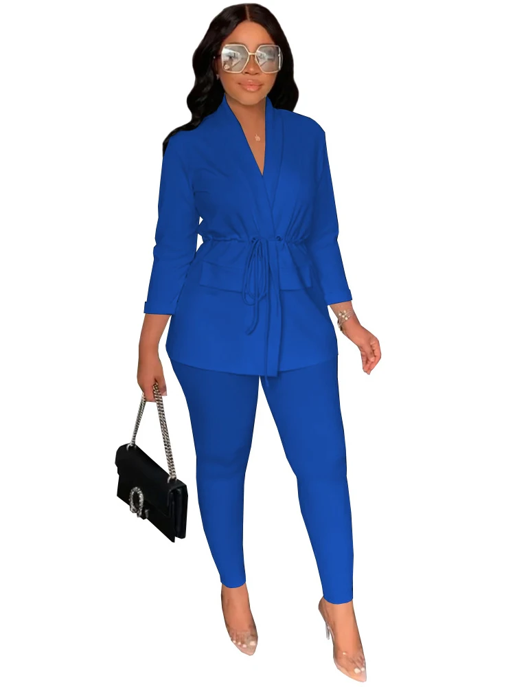 

2 Piece Set African Clothes Women Drawstring Tops And Pant Suits Africa Set Autumn New Solid Fashion African Office Lady Outfits