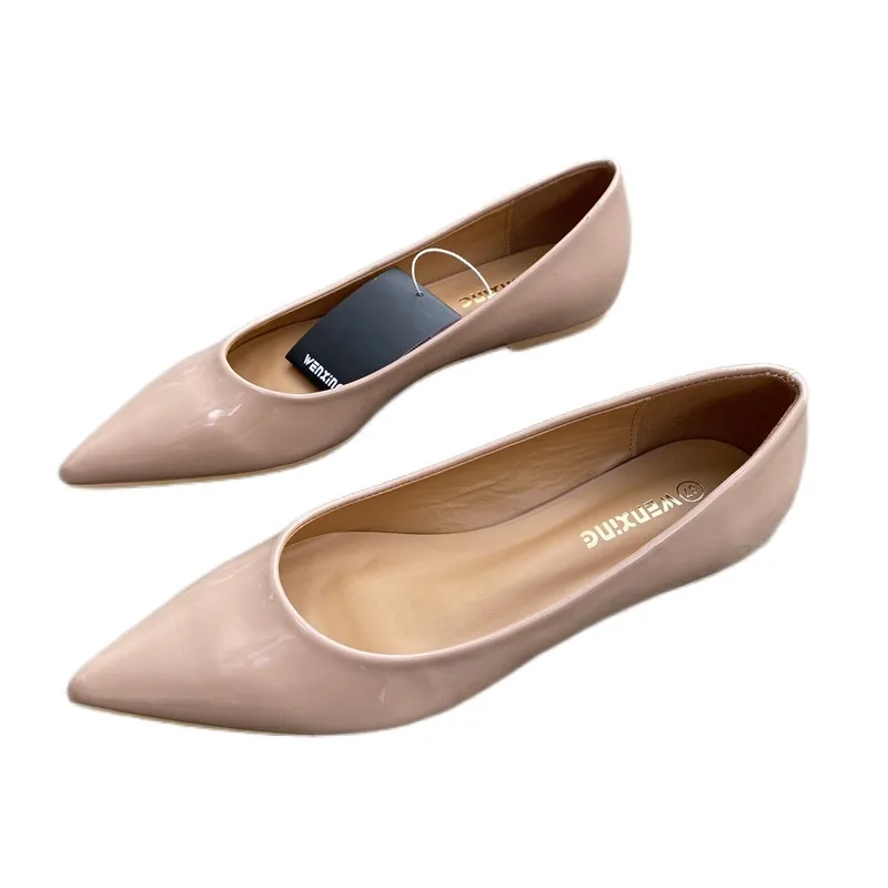 

Nude Patent Leather Pointed Toe Slip On Flat Shoes Woman OL Casual Loafers Ladies Comfortable Moccasins Shallow Ballerinas EU41