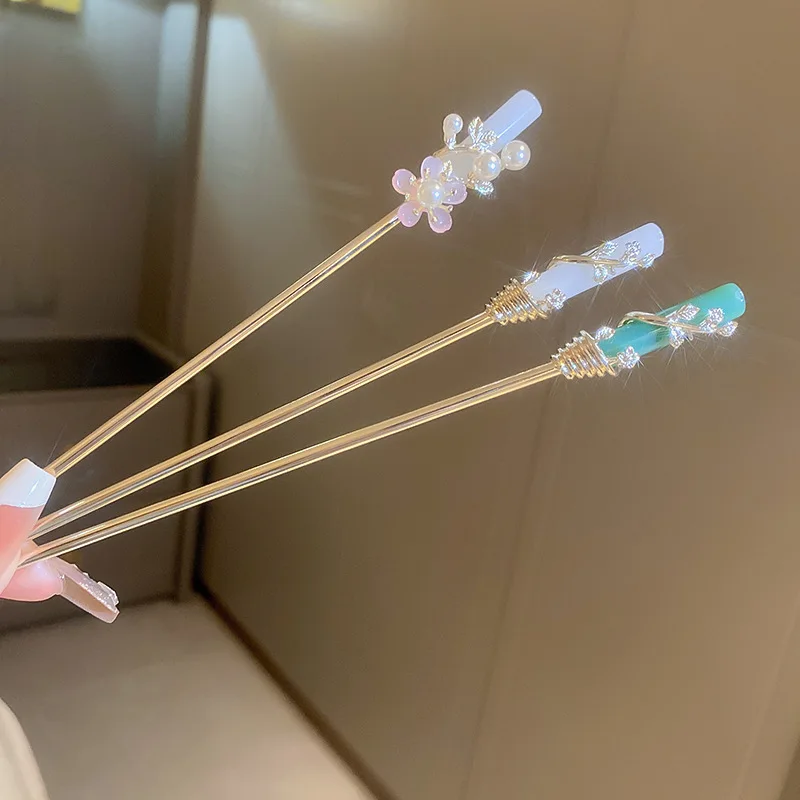 

ALLNEWME Chinese Style Colorful Resin Flowers Branch Hair Sticks Gold Plated Metal Faux Pearl Long Hair Accessories for Women