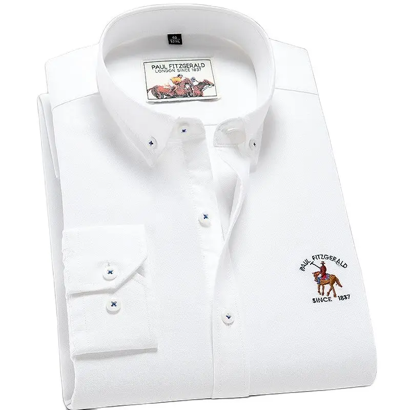 Men's Long Sleeve Oxford Casual Shirt 100% Cotton Fashion Grid Stripe Male Luxury  Shirts Button-down White Soft Colthing