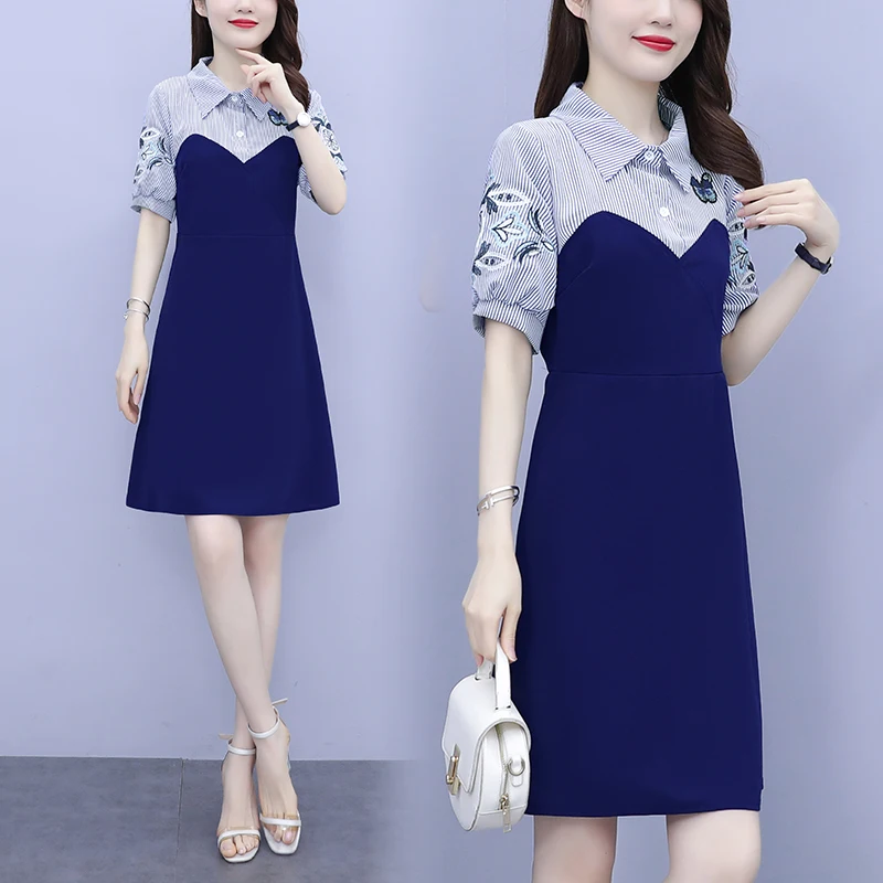 

2022 летнее платье-рубашка в стиле пэчворк для женщин женское платье с вышивкой с коротким рукавом тонкие повседневные свободные блузки плат...