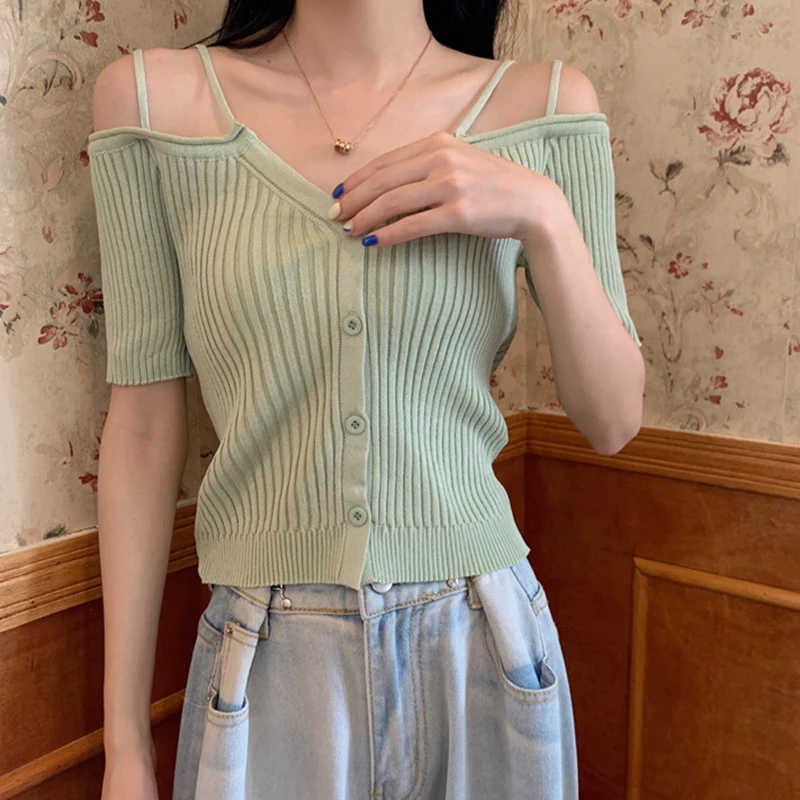 

Summer Off Shoulder V Neck Kintted Woman Tshirts Korean Fashion Black Thin Soild Basic Women's T-shirt Short Tee Shirt Femme Top