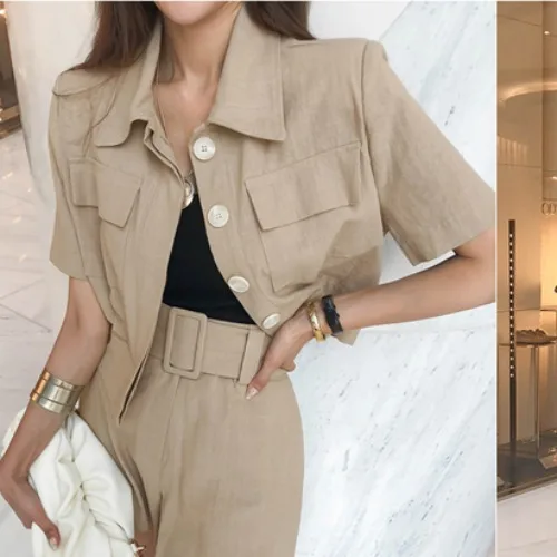 Women Two-piece Suit 2021 Summer Korean Temperament Slim Body Short Lapel Tops and High Waist Sashes Shorts Female Solid Sets