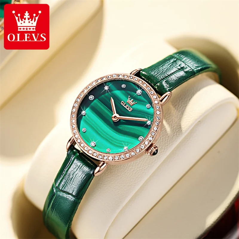 Luxury Brand OLEVS Elegant Women Watch Rhinestone Green Simple Stylish Leather Quartz Casual Lady Wrist Watch Reloj Mujer