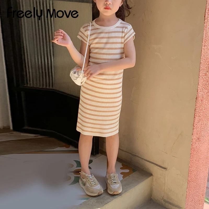 

Freely Move Girls Clothes 2022 New Summer Casual Dresses Short Sleeve Kids Dress Knee Length Straight Striped Children Clothing