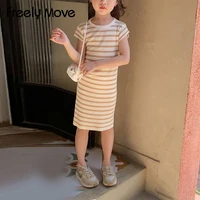 freely move girls clothes 2022 new summer casual dresses short sleeve kids dress knee length straight striped children clothing