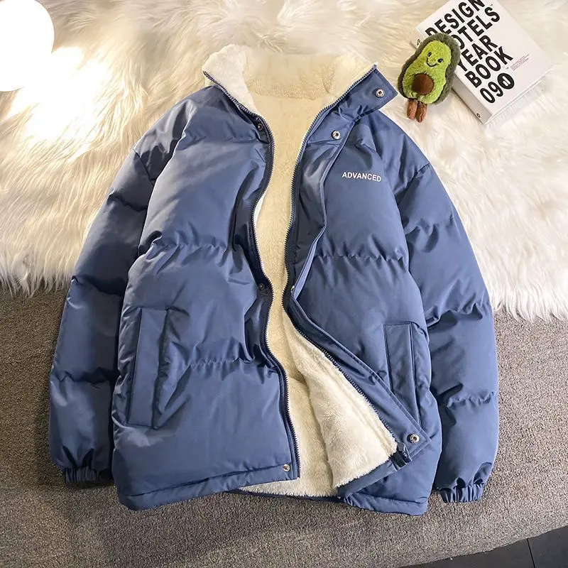 Winter Thick Fleece Filled Loose Parka Jacket Women Stand Neck Zipper Fashion Casual Warm Coat White Black Blue