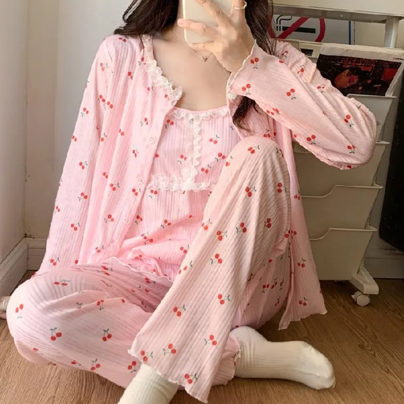 3pcs Pajamas Set Women Cotton Long Sleeve Floral Sleepwear Night Suit Cute Sweet Spring Autumn Print Home Wear Sleepwear Female