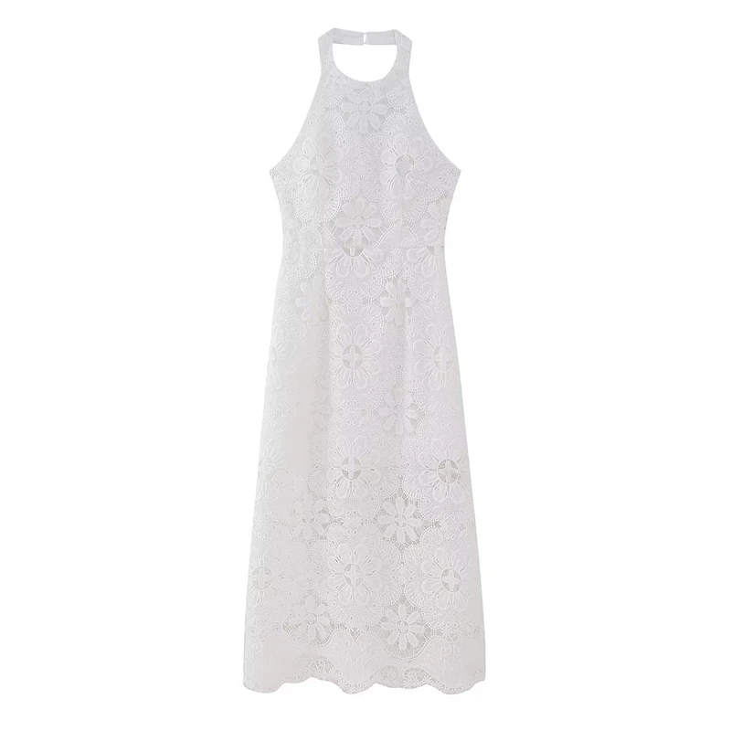 

Женское длинное платье с вышивкой, элегантное облегающее белое платье с лямкой на шее, лето 2023