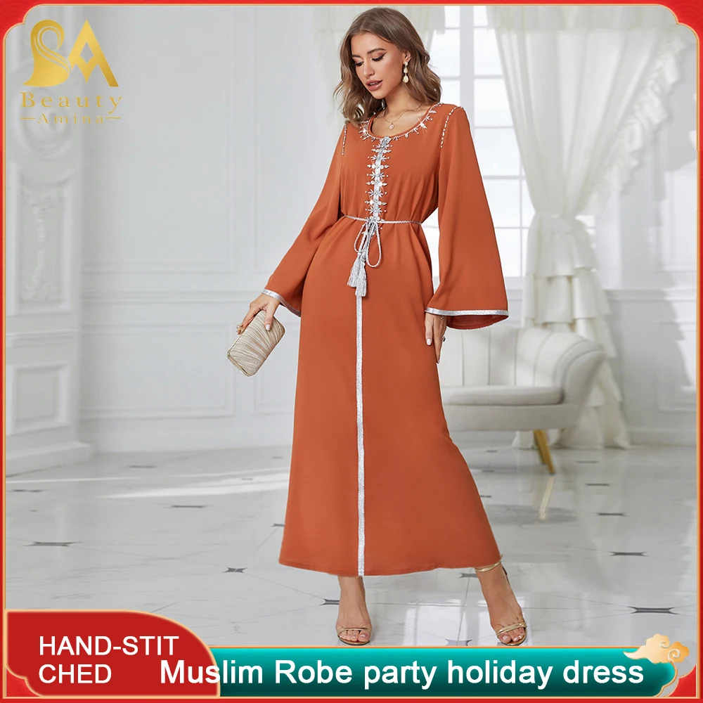 Muslim Long Dress New Orange Round Neck Rhinestone Dress Belt Arab Traditional Long Dress Party Dress Party Festive Dress Abaya