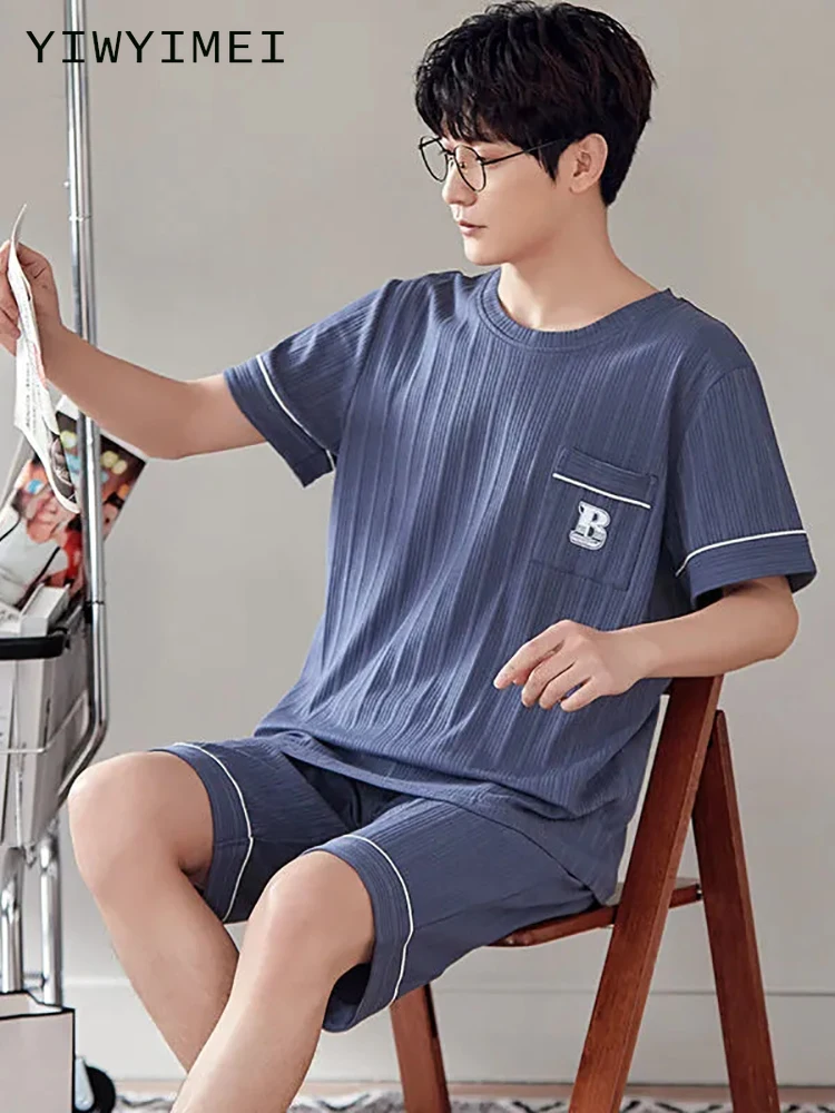 

Summer New Cotton Navy Mens Shorts Minimalist Nightwear Soft Leisure Loungewear for Boy Man Striped Pajamas Set