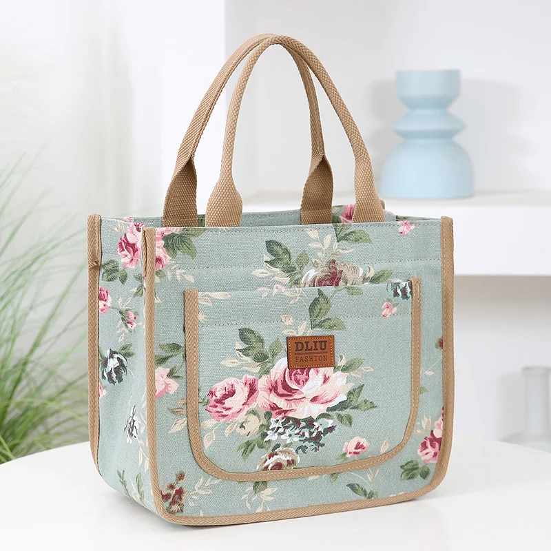New Fashion Canvas Flower Print Handbag Work Carrng Commuter Lunch Box Bag Large Capaci Outing Mummy