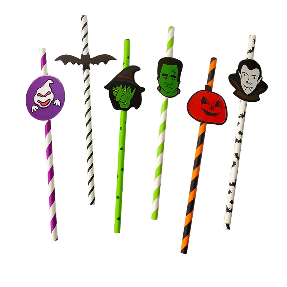 

Strawspaper Party Straw Drinking Disposable Bulk Decorative Pattern Pumpkin Degradable Reusableorange Funny Supplies Black