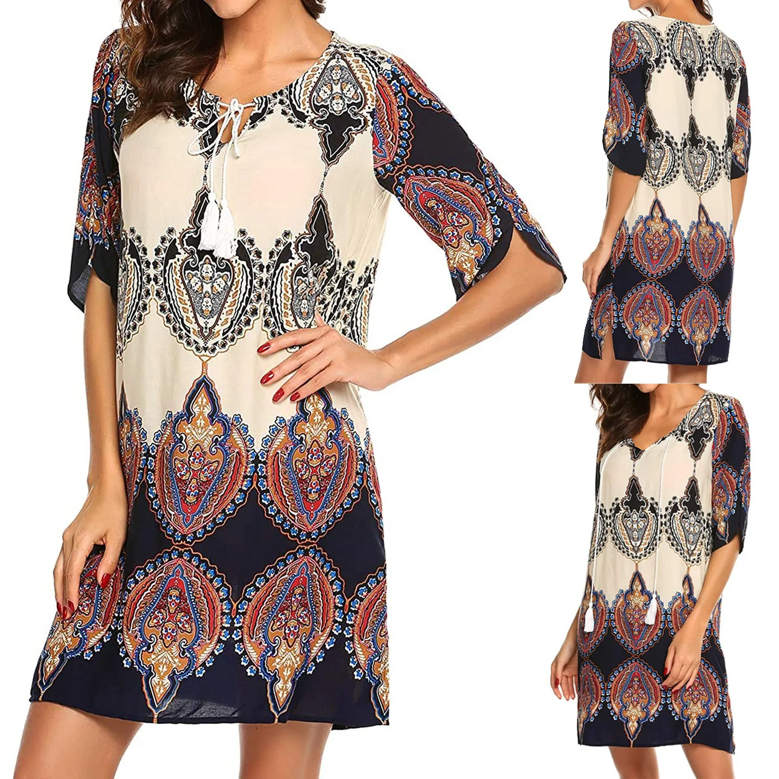 

Богемное винтажное платье-туника с кисточками свободное платье с принтом этническое женское платье Платья с цветочным принтом для женщин