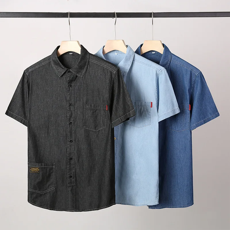 

New Arrival Super Large 100% Ccotton Summer Men's Fashion Casual Square Neck Denim Short Sleeve Shirt Plus Size 2XL-6XL 7XL 8XL