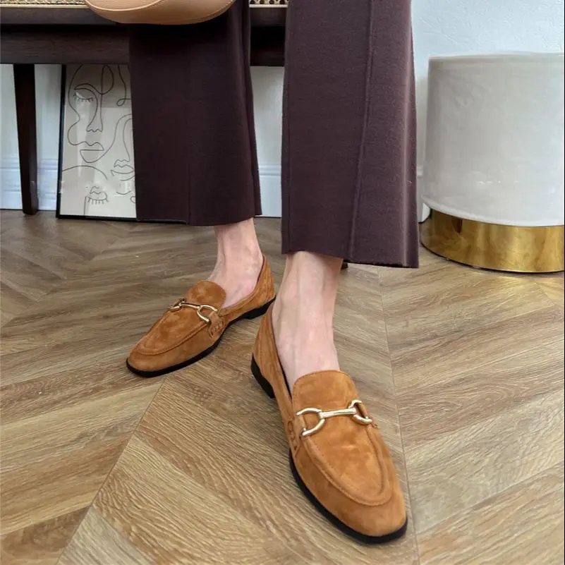 

Meotina INS ZA Women Loafers Shoes Genuine Leather Flat Shoes Round Toe Metal Decoration Ladies Footwear Spring Autumn Brown 43