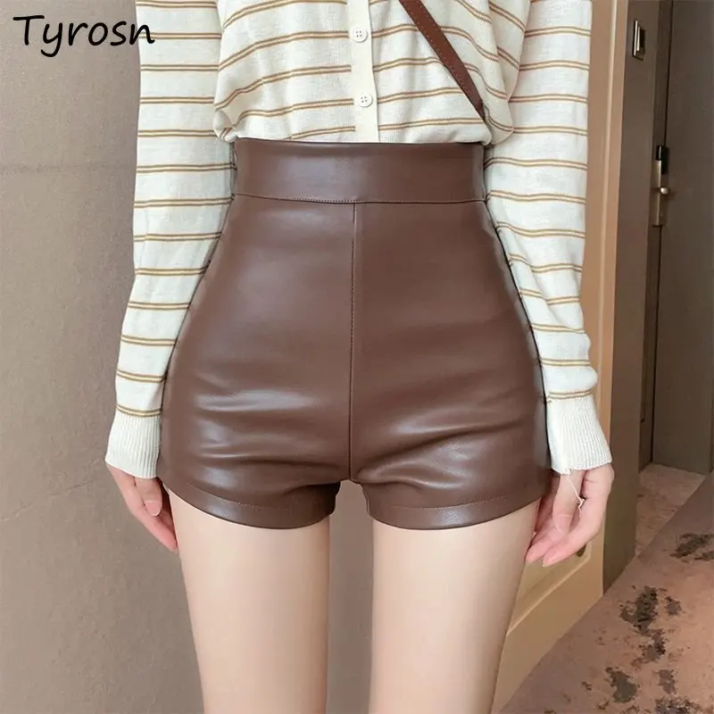 

Шорты женские однотонные универсальные, модные простые элегантные прямые дизайнерские повседневные пикантные ретро шорты из искусственной кожи с высокой талией в Корейском стиле, осень
