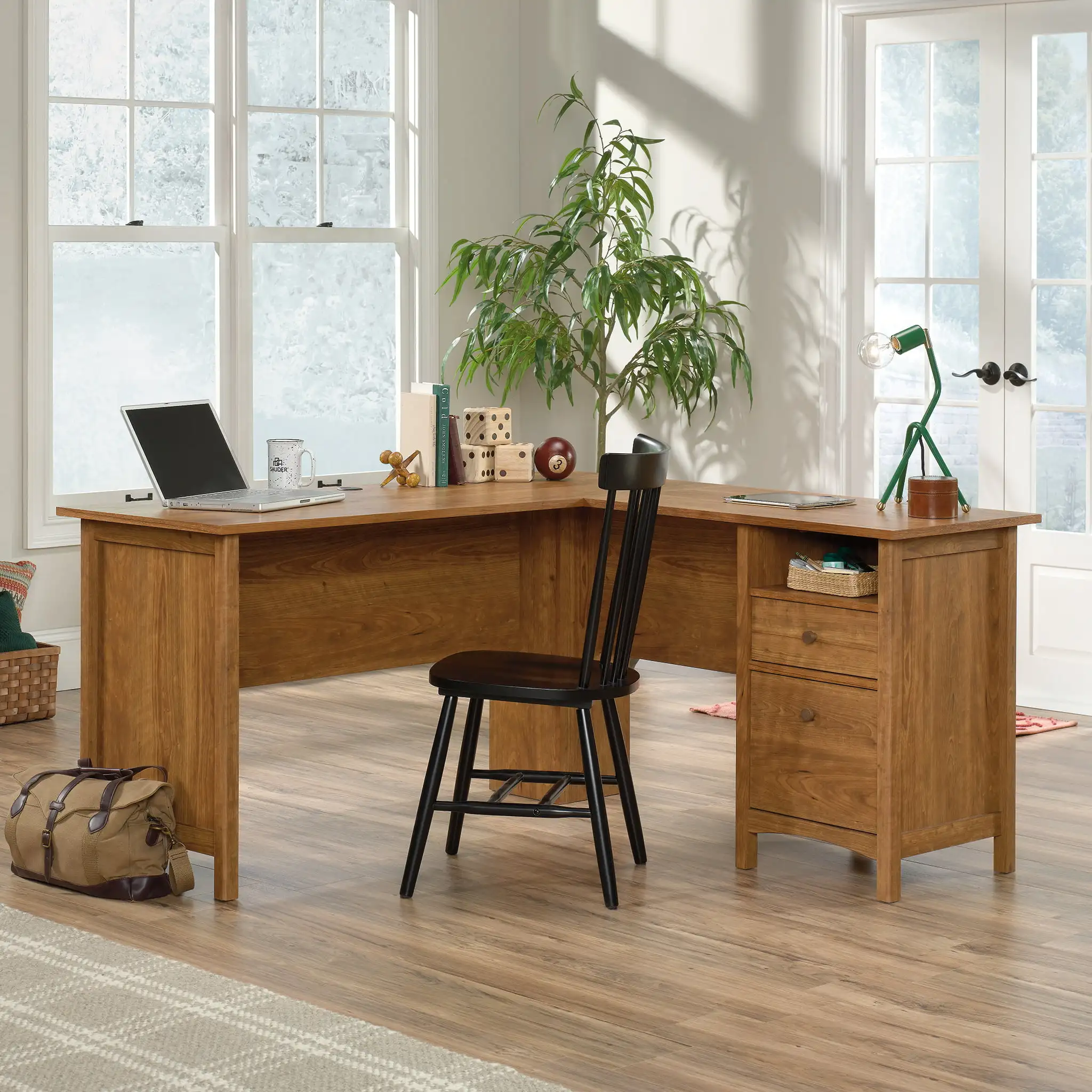 

Sauder Union Plain Shaker Style L-Shaped Desk with File Drawer, Prairie Cherry Finish