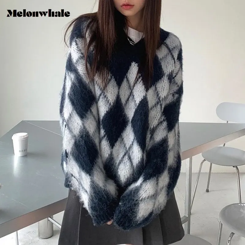 

New Mohair Thicked Warm Knitting Sweaters Diamond Winter Mink Cashmere Soft Oversize Loose Pullover Preppy Style Women V Neck