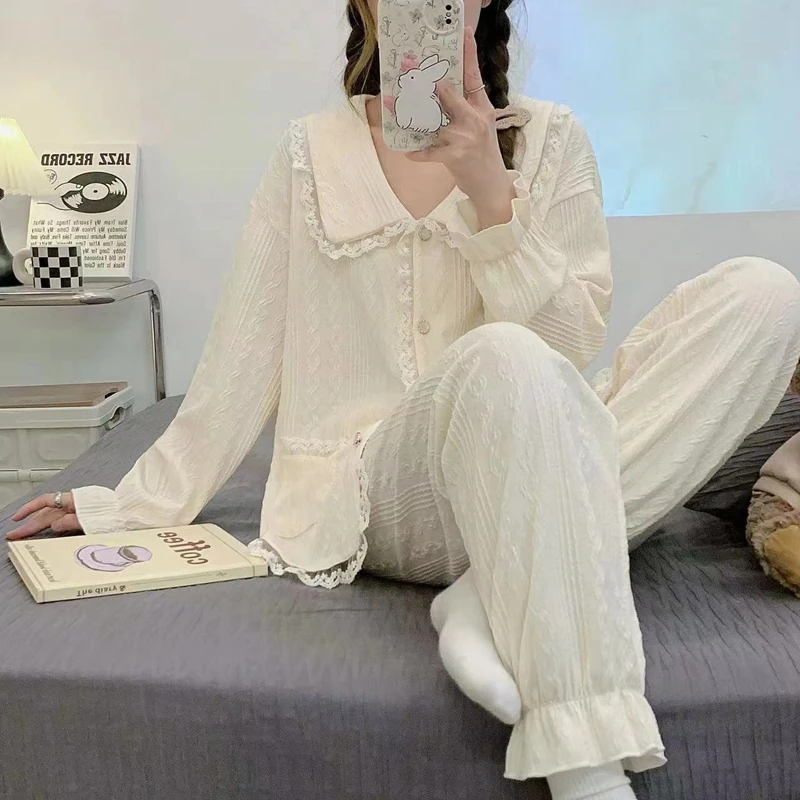 Молодежные вафельные пижамы для девочек весенне-летний милый и комплект из двух