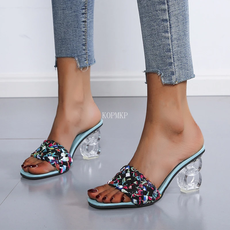 

Fashion Strange Style Heel PVC Transparent Clear Women Sandals Peep Toe Summer New Design Slippers Weave Outdoor Women Shoes