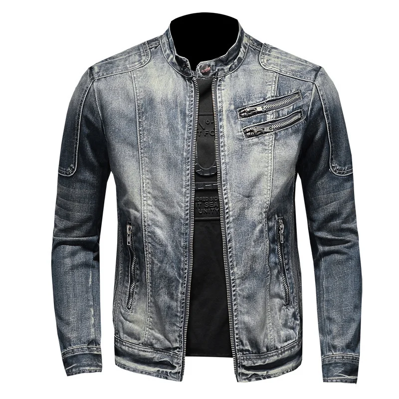

Fashion Slim Men's Stand Collar Zipper Denim Jacket Men's Coat European Size