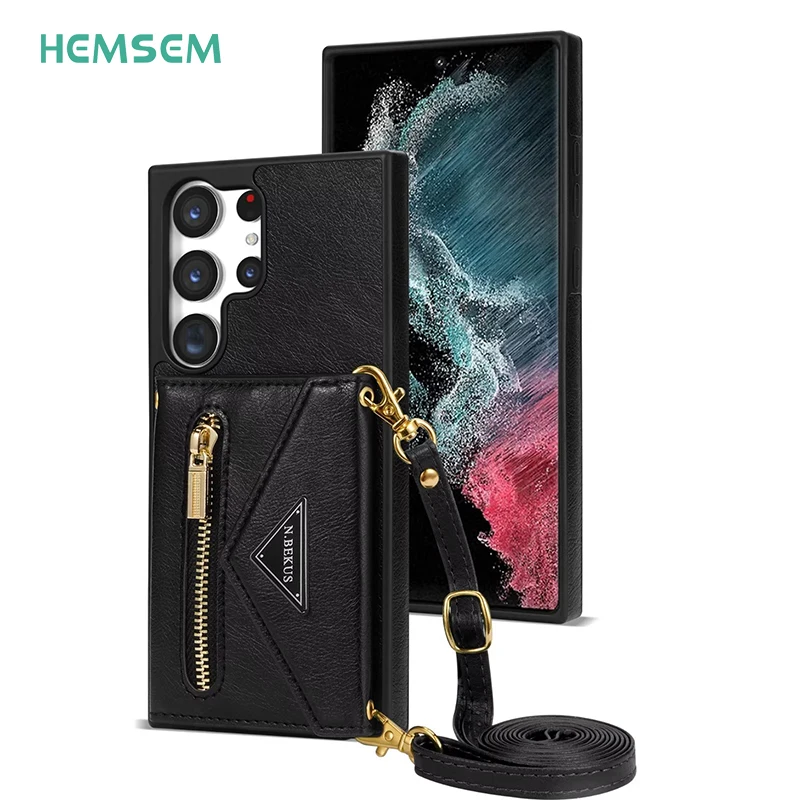 

Luxury Zipper Wallet Card Holder Bag for Samsung Galaxy S23 Ultra Phone Strockproof Case Lanyard Strap Crossbody Leather Cover