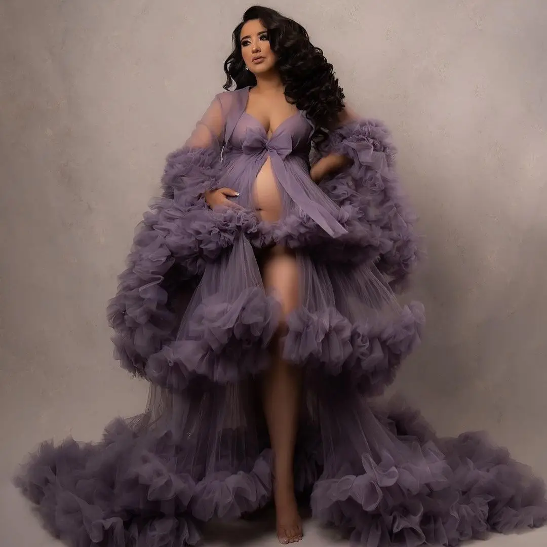 

Lavender Maternity Dress Pregnant Women Photoshoot Mesh Prom Dresses Front Slit Tulle Ruffles Maxi Gown
