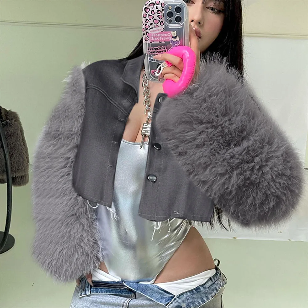 

TARUXY Feather Spliced Denim Jacket Women Clothes 2023 Autumn Slim Jackets Woman Fashion Street Short Casual Winter Coat Girls