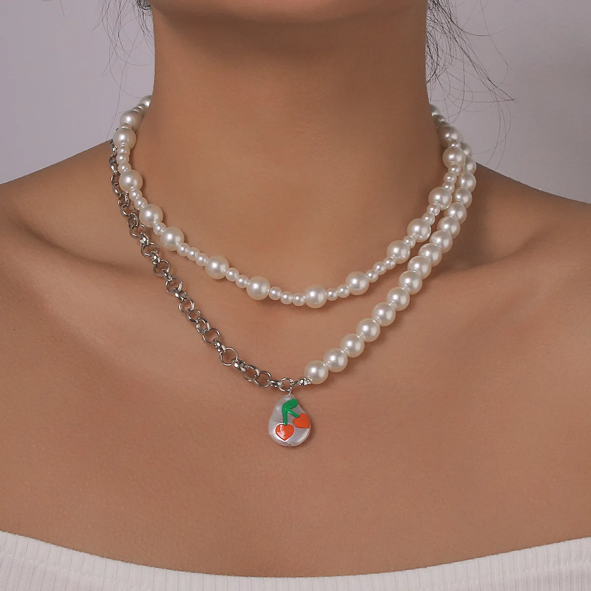 Online Celebrity Necklace Splicing Pearl Cute Dropping Oil Necklace Atmospheric Elegant Geometric Necklace