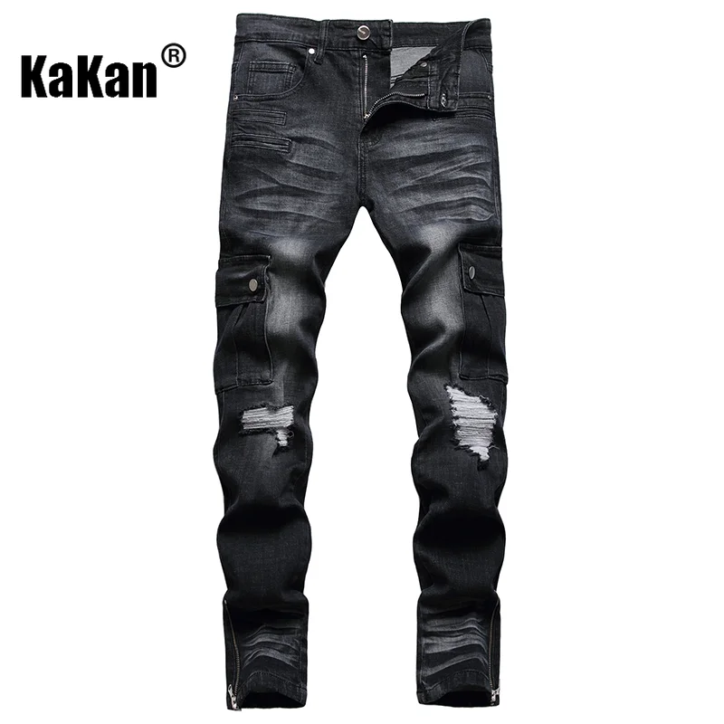 Kakan - Work Clothes Fashion Bag Zipper Water Pressure Cat Must Fit Stretch Jeans, Hip-hop Style Black Long Jeans K019-1755