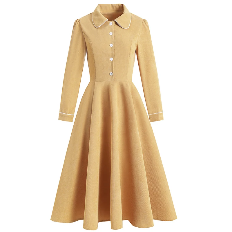 

Spring Autumn Dresses Women Long sleeve Yellow corduroy Peter Pan Collar Elegant Casual Party Vintage dress