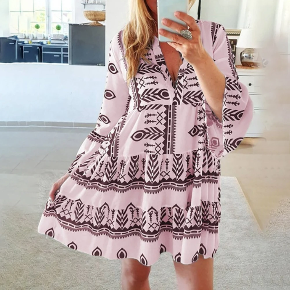 

Vintage Dress Women V Neck Short Boho Dress Ladies Casual Printed Summer Beach Dress Holiday Party Sundress Vestidos De Mujer