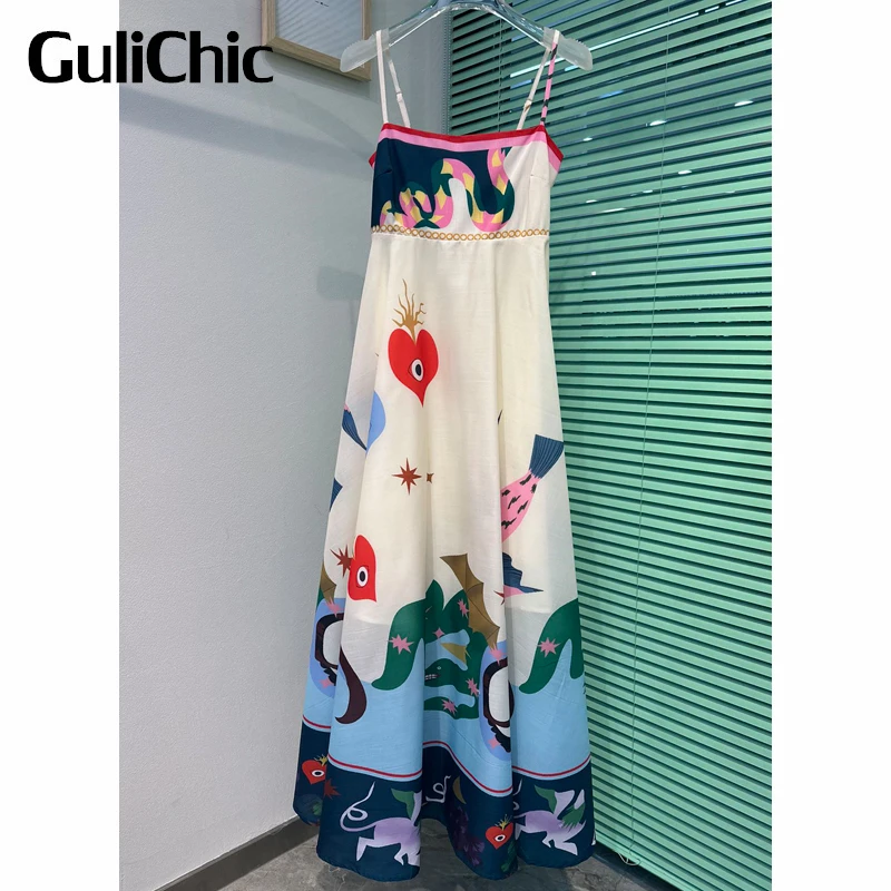 

6.24 GuliChic Women Beach Fashion Colorful Pattern Print Spaghetti Strap Collect Waist Maxi Dress
