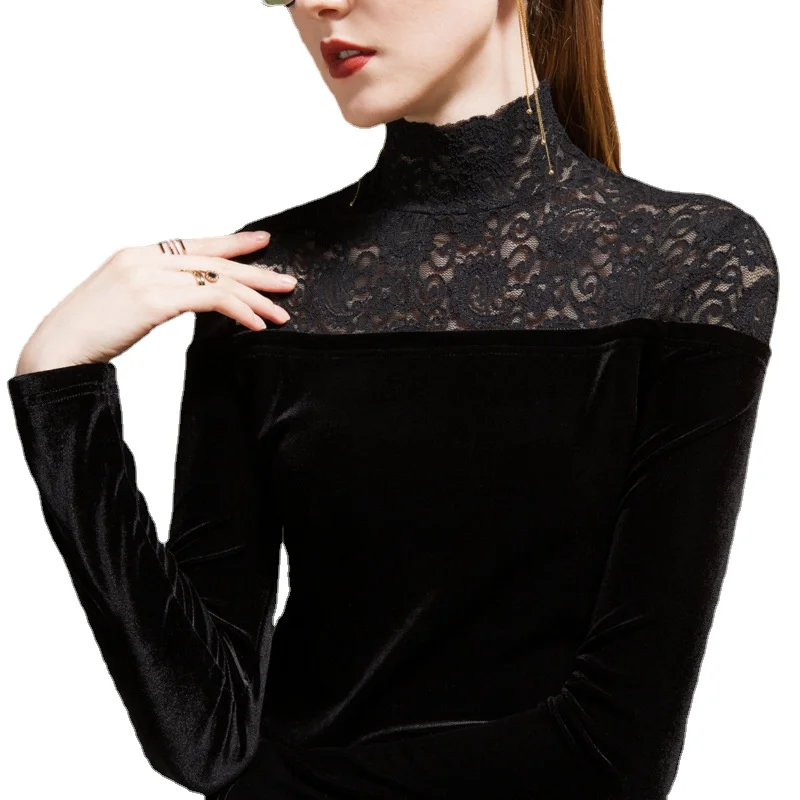 

Autumn and Winter New Golden Velvet Stitched Lace Bottomed Shirt Foreign Style Inner Small Shirt T-shirt Woman Tshirts