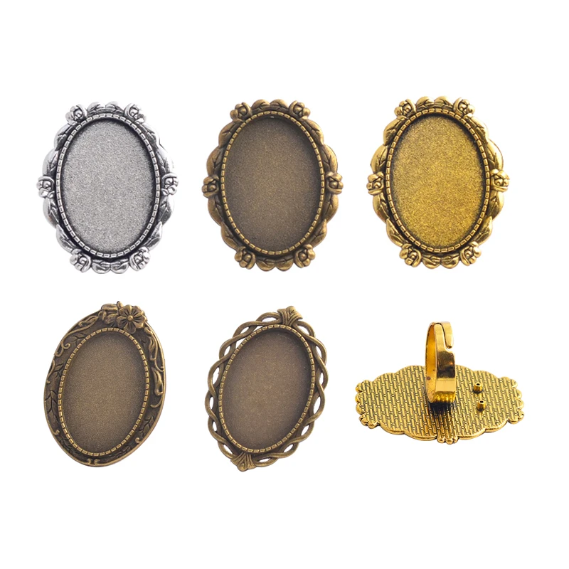 

20x30mm 5pcs Antique Silver colour Gold Bronze 2 style Oval Adjustable Ring Settings Blank/Base,Fit 20x30mm Glass Cabochons