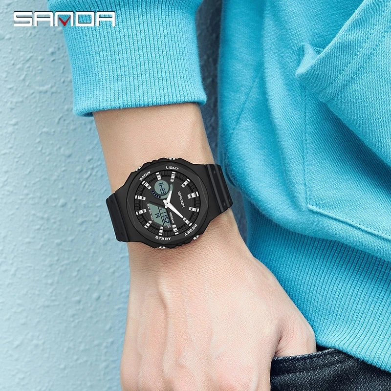 SANDA Mens Watches 2023 New Sports Watch Chronograph Luminous HD LED Dual Display Watch 50M Waterproof Relogio Masculino 6016