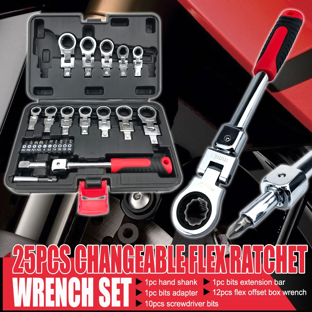 25-piece Set variable-angle Adjustable Head Ratchet Wrench Set Boxed Vehicle Repair Tool Combination Set