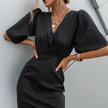 Simplee Vintage peter pan collar black women lace dress Puff sleeve v-neck smock mini dresses A-line high waist loose vestidos