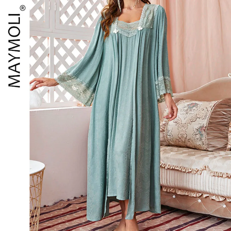 

MAYMOLI Sexy Evening Dress Halter Luxury Lace Night Wears for Women Set 2 Pieces Comfortable Pajamas Fashion Ladies Robe