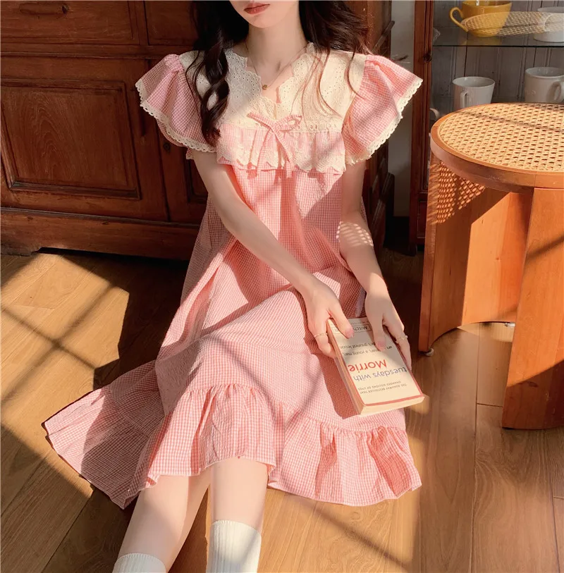 Korean Cute Lacework Embroidery Princess Nightgown Women Summer Short Sleeve Plaid Sleepdress Bow Tie Home Clothes Ruffles S075