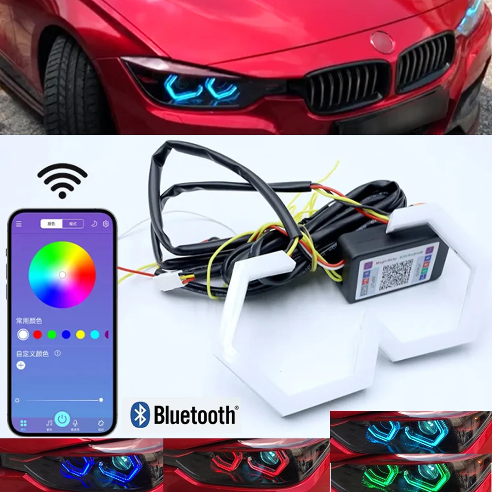 

2 шт. кольца ангельские глазки кольца RGB Желтый Янтарный сигнал поворота Bluetooth управление через приложение для автомобиля UTV мотоцикла DRL фара декоративная фотолампа