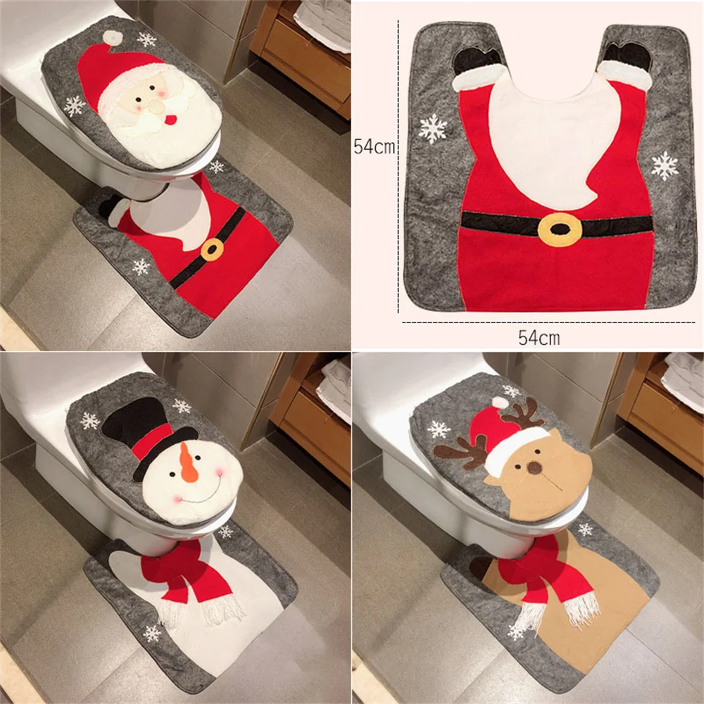 

2PCS Christmas Toilet Seat Cover Santa Deer Snowman Toilet Foot Pad Seat Lid Cover Rug Decor for Home Bathroom Accessories
